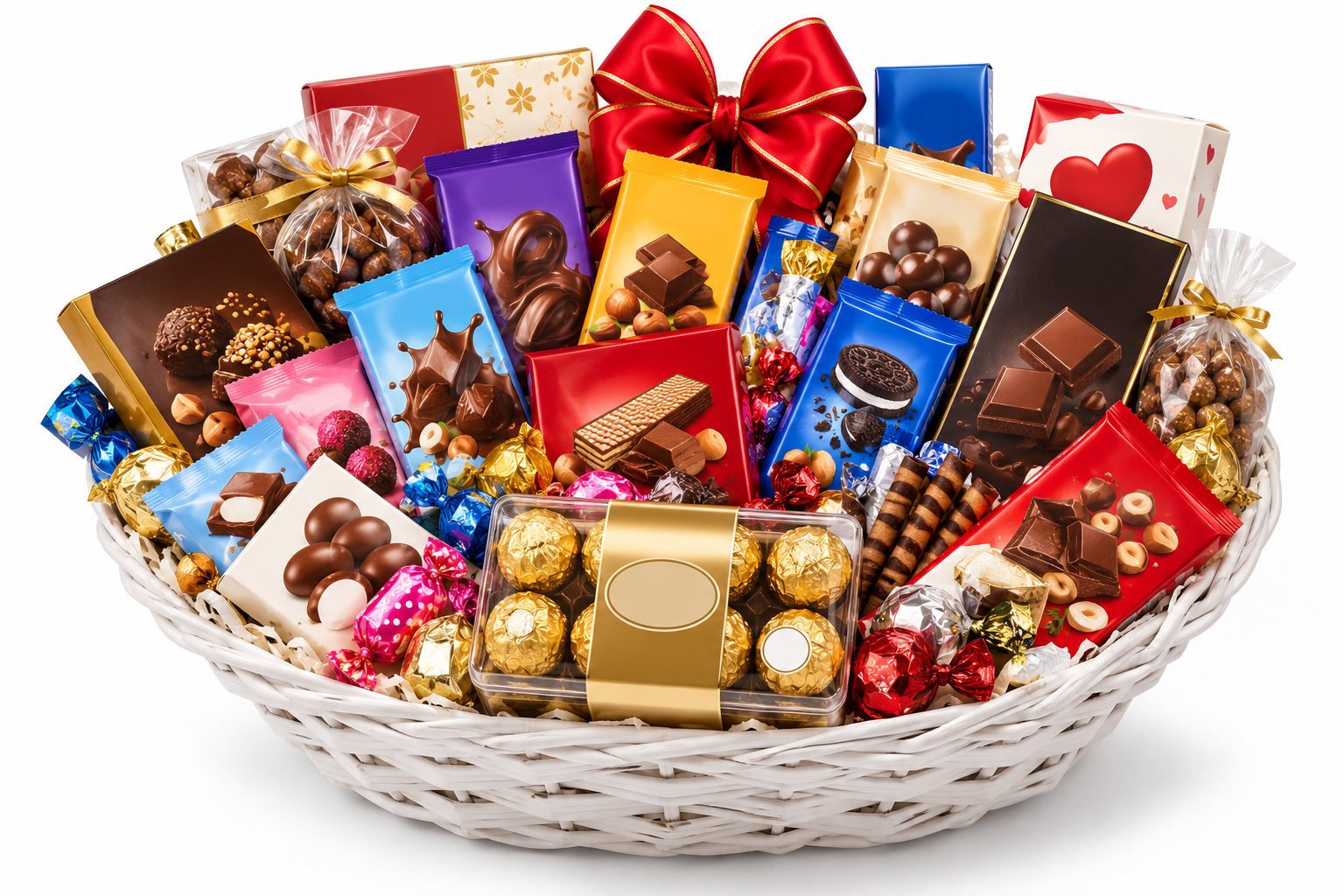סלסלת מתנה של Sweetly ובה מארז פררו רושה ומגוון רחב של חטיפי שוקולד ופרלינים