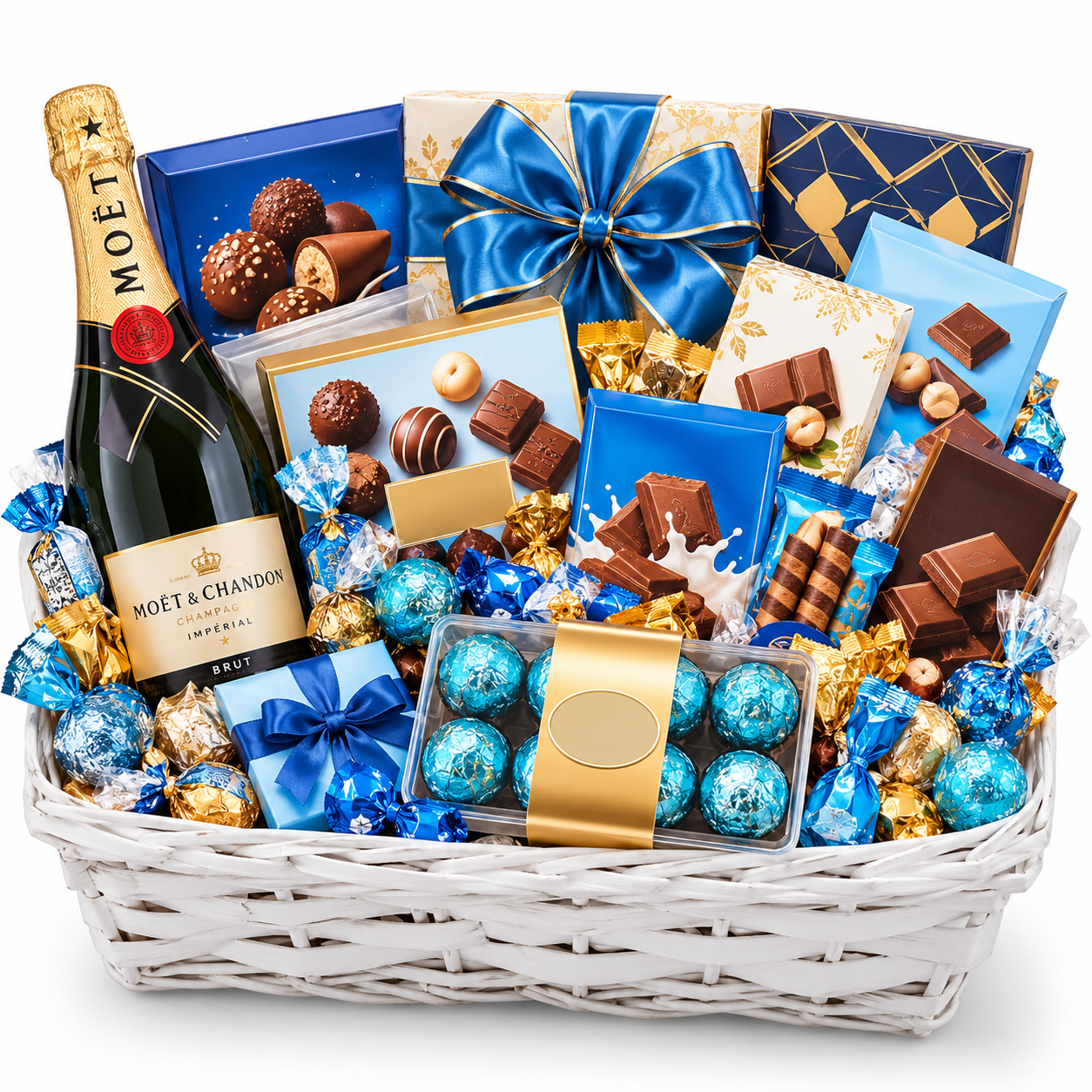 סלסלת מתנה של Sweetly עם בקבוק Moët & Chandon ומגוון שוקולדים בגווני כחול וזהב